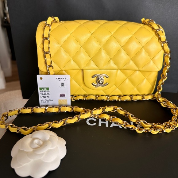 FULL SET - CHANEL Classic Rectangle Mini (Yellow with Champagne Gold HW) - Picture 7 of 17